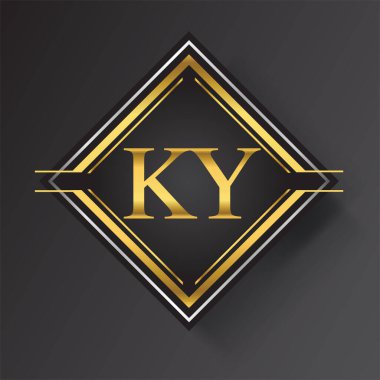 KY Harf logosu kare şeklinde altın ve gümüş renkli geometrik süsler. İş veya şirket kimliğiniz için vektör tasarımı şablonu ögeleri.