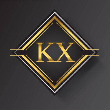 KX Harf logosu kare şeklinde altın ve gümüş renkli geometrik süsler. İş veya şirket kimliğiniz için vektör tasarımı şablonu ögeleri.