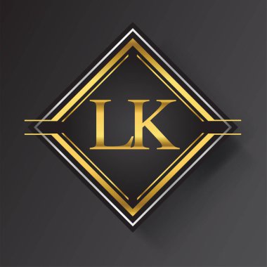 Kare şeklinde altın ve gümüş renkli geometrik süslemeli LK Harf logosu. İş veya şirket kimliğiniz için vektör tasarımı şablonu ögeleri.