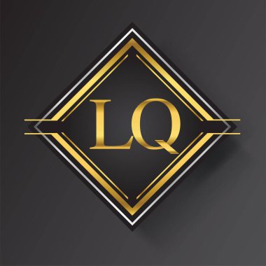 Kare şeklinde altın ve gümüş renkli geometrik süslemeli LQ Harfi logosu. İş veya şirket kimliğiniz için vektör tasarımı şablonu ögeleri.