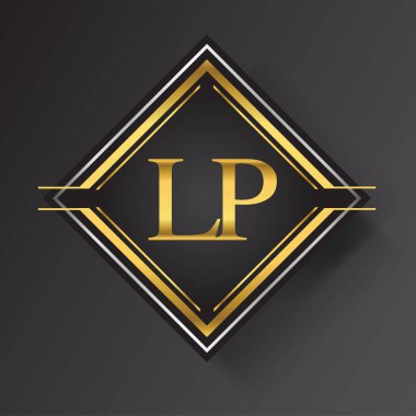 Kare şeklinde altın ve gümüş renkli geometrik süslemeli LP harfi logosu. İş veya şirket kimliğiniz için vektör tasarımı şablonu ögeleri.