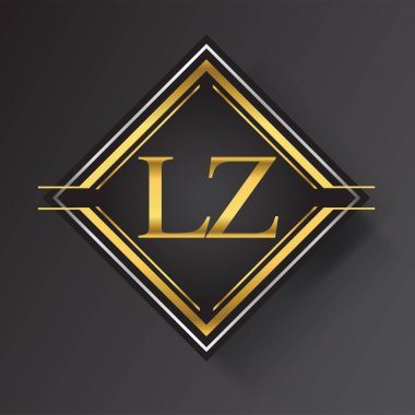 Kare şeklinde altın ve gümüş renkli geometrik süslemeli LZ Harf logosu. İş veya şirket kimliğiniz için vektör tasarımı şablonu ögeleri.