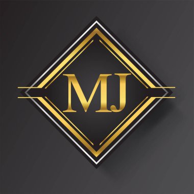 Kare şeklinde altın ve gümüş renkli geometrik süslemeli MJ Harf logosu. İş veya şirket kimliğiniz için vektör tasarımı şablonu ögeleri.
