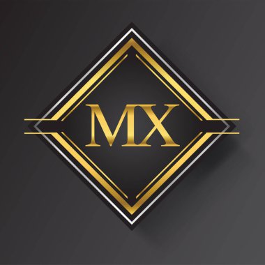 Kare şeklinde altın ve gümüş renkli geometrik süslemeli MX Harf logosu. İş veya şirket kimliğiniz için vektör tasarımı şablonu ögeleri.