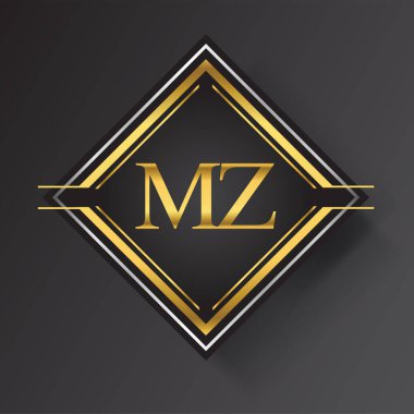 Kare şeklinde altın ve gümüş renkli geometrik süslemeli MZ Harf logosu. İş veya şirket kimliğiniz için vektör tasarımı şablonu ögeleri.