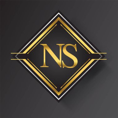 Kare şeklinde altın ve gümüş renkli geometrik süslemeli NS Letter logosu. İş veya şirket kimliğiniz için vektör tasarımı şablonu ögeleri.