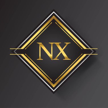 Kare şeklinde altın ve gümüş renkli geometrik süslemeli NX Harf logosu. İş veya şirket kimliğiniz için vektör tasarımı şablonu ögeleri.