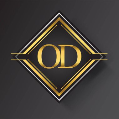 Kare şeklinde altın ve gümüş renkli geometrik süslemeli aşırı doz harfi logosu. İş veya şirket kimliğiniz için vektör tasarımı şablonu ögeleri.