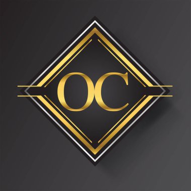 Kare şeklinde altın ve gümüş renkli geometrik süslemeli OC Harf logosu. İş veya şirket kimliğiniz için vektör tasarımı şablonu ögeleri.