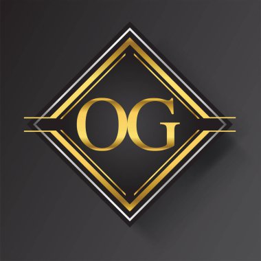 Kare şeklinde altın ve gümüş renkli geometrik süslemeli OG Harf logosu. İş veya şirket kimliğiniz için vektör tasarımı şablonu ögeleri.