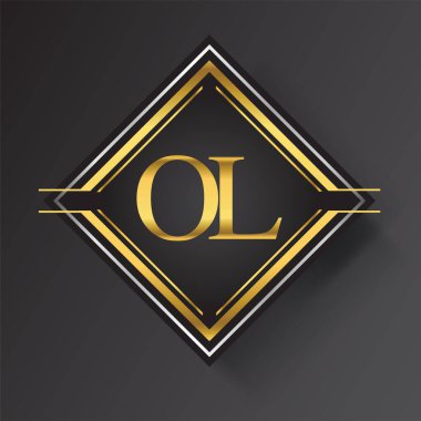 Kare şeklinde altın ve gümüş renkli geometrik süslemeli eski harf logosu. İş veya şirket kimliğiniz için vektör tasarımı şablonu ögeleri.