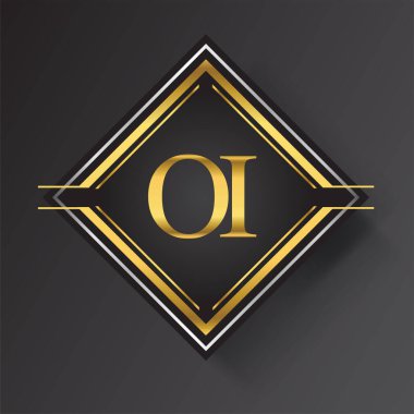 Kare şeklinde altın ve gümüş renkli geometrik süslemeli eski harf logosu. İş veya şirket kimliğiniz için vektör tasarımı şablonu ögeleri.