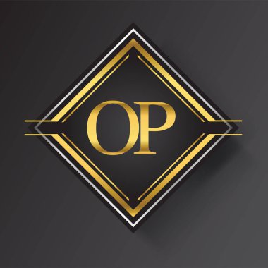 Kare şeklinde altın ve gümüş renkli geometrik süslemeli OP Harf logosu. İş veya şirket kimliğiniz için vektör tasarımı şablonu ögeleri.