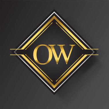Kare şeklinde altın ve gümüş renkli geometrik süslemeli OW Harf logosu. İş veya şirket kimliğiniz için vektör tasarımı şablonu ögeleri.