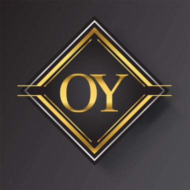Kare şeklinde altın ve gümüş renkli geometrik süslemeli OY Harfi logosu. İş veya şirket kimliğiniz için vektör tasarımı şablonu ögeleri.
