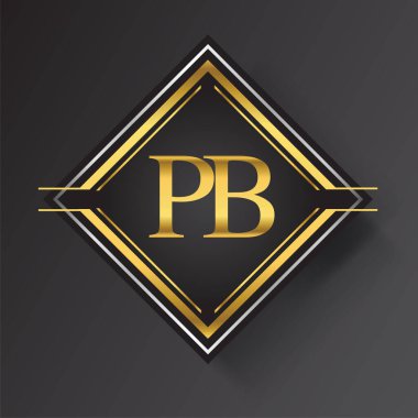 Kare şeklinde altın ve gümüş renkli geometrik süslemeli PB Harf logosu. İş veya şirket kimliğiniz için vektör tasarımı şablonu ögeleri.
