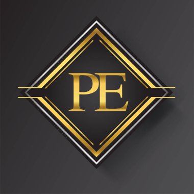Kare şeklinde altın ve gümüş renkli geometrik süslemeli Beden Eğitimi Harfi logosu. İş veya şirket kimliğiniz için vektör tasarımı şablonu ögeleri.