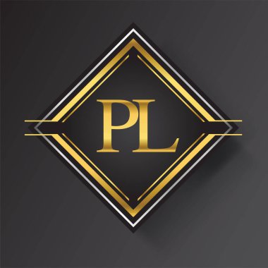 Kare şeklinde altın ve gümüş renkli geometrik süslemeli PL Harf logosu. İş veya şirket kimliğiniz için vektör tasarımı şablonu ögeleri.