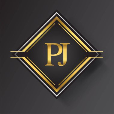 Kare şeklinde altın ve gümüş renkli geometrik süslemeli PJ Harf logosu. İş veya şirket kimliğiniz için vektör tasarımı şablonu ögeleri.