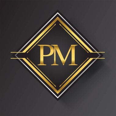 Kare şeklinde altın ve gümüş renkli geometrik süslemeli PM Harfi logosu. İş veya şirket kimliğiniz için vektör tasarımı şablonu ögeleri.
