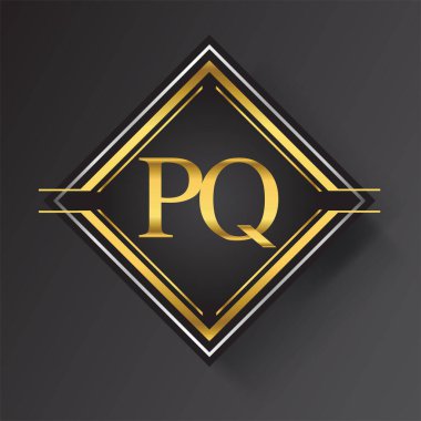 Kare şeklinde altın ve gümüş renkli geometrik süslemeli PQ Harfi logosu. İş veya şirket kimliğiniz için vektör tasarımı şablonu ögeleri.