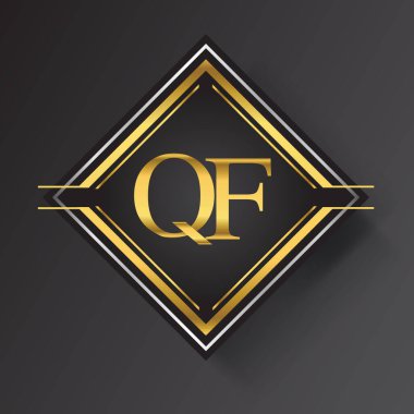 Kare şeklinde altın ve gümüş renkli geometrik süslemeli QF Harf logosu. İş veya şirket kimliğiniz için vektör tasarımı şablonu ögeleri.