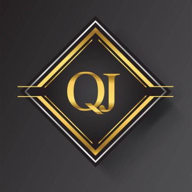 Kare şeklinde altın ve gümüş renkli geometrik süslemeli QJ Harf logosu. İş veya şirket kimliğiniz için vektör tasarımı şablonu ögeleri.