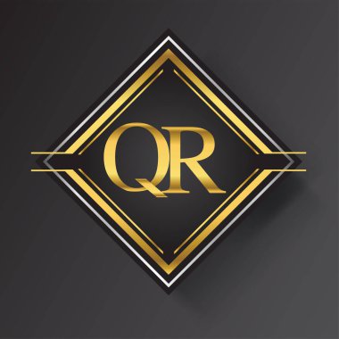 Kare şeklinde altın ve gümüş renkli geometrik süslemeli QR Harf logosu. İş veya şirket kimliğiniz için vektör tasarımı şablonu ögeleri.