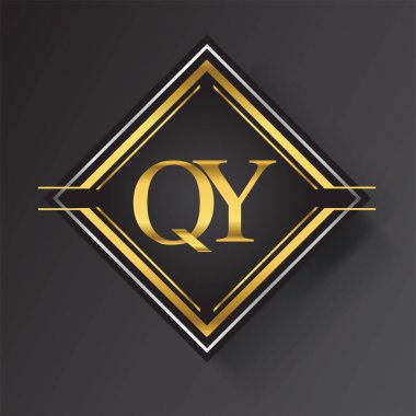 Kare şeklinde altın ve gümüş renkli geometrik süslemeli QY Harf logosu. İş veya şirket kimliğiniz için vektör tasarımı şablonu ögeleri.