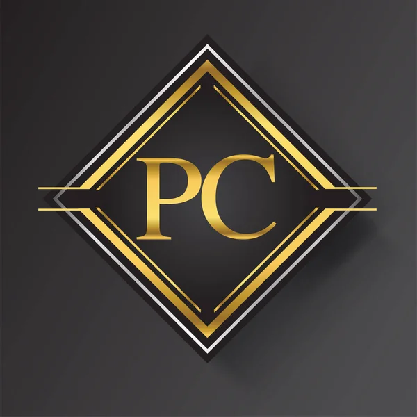 正方形の形状の金と銀の色の幾何学的な装飾でPcの手紙のロゴ あなたのビジネスや会社のアイデンティティのためのベクトルデザインテンプレート要素 — ストックベクタ