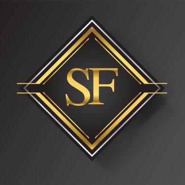 Kare şeklinde altın ve gümüş renkli geometrik süslemeler içeren SF Harf logosu. İş veya şirket kimliğiniz için vektör tasarımı şablonu ögeleri.