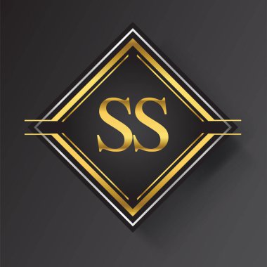 Kare şeklinde altın ve gümüş renkli geometrik süslemeli SS Harfi logosu. İş veya şirket kimliğiniz için vektör tasarımı şablonu ögeleri.