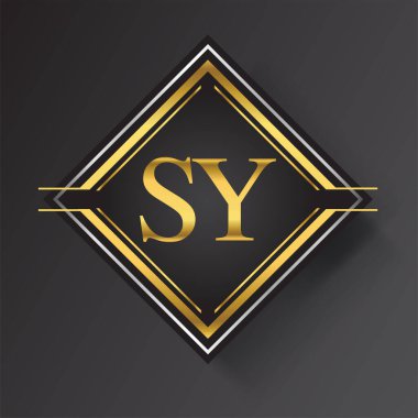 Kare şeklinde altın ve gümüş renkli geometrik süslemeli SY Harfi logosu. İş veya şirket kimliğiniz için vektör tasarımı şablonu ögeleri.