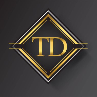 Kare şeklinde altın ve gümüş renkli geometrik süslemeli TD harf logosu. İş veya şirket kimliğiniz için vektör tasarımı şablonu ögeleri.