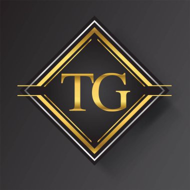 Kare şeklinde altın ve gümüş renkli geometrik süslemeli TG Harf logosu. İş veya şirket kimliğiniz için vektör tasarımı şablonu ögeleri.