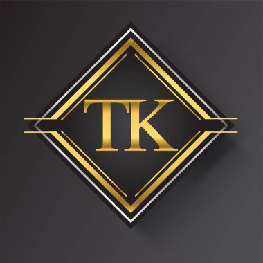 TK Harf logosu kare şeklinde altın ve gümüş renkli geometrik süsler. İş veya şirket kimliğiniz için vektör tasarımı şablonu ögeleri.