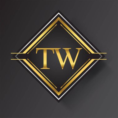Kare şeklinde altın ve gümüş renkli geometrik süslemeli TW Harf logosu. İş veya şirket kimliğiniz için vektör tasarımı şablonu ögeleri.
