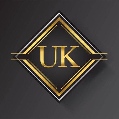 Kare şeklinde altın ve gümüş renkli geometrik süslemeli UK Harfi logosu. İş veya şirket kimliğiniz için vektör tasarımı şablonu ögeleri.
