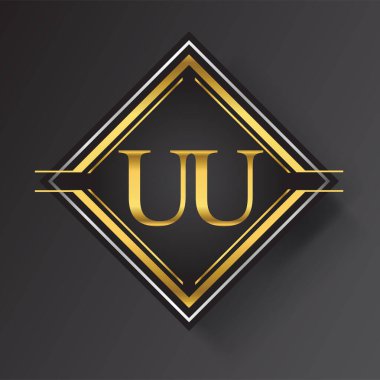 Kare şeklinde altın ve gümüş renkli geometrik süslemeli UU Harfi logosu. İş veya şirket kimliğiniz için vektör tasarımı şablonu ögeleri.