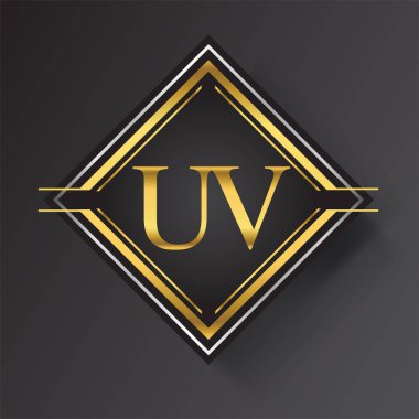 Kare şeklinde altın ve gümüş renkli geometrik süslemeli ultraviyole harf logosu. İş veya şirket kimliğiniz için vektör tasarımı şablonu ögeleri.