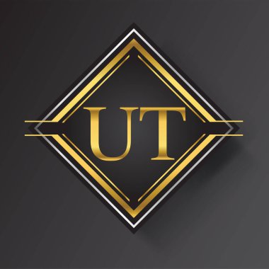 Kare şeklinde altın ve gümüş renkli geometrik süslemeli UT Harfi logosu. İş veya şirket kimliğiniz için vektör tasarımı şablonu ögeleri.