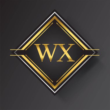 Kare şeklinde altın ve gümüş renkli geometrik süslemeli WX Harf logosu. İş veya şirket kimliğiniz için vektör tasarımı şablonu ögeleri.