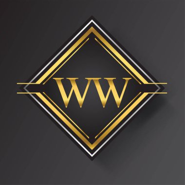 Kare şeklinde altın ve gümüş renkli geometrik süslemeli WW Harf logosu. İş veya şirket kimliğiniz için vektör tasarımı şablonu ögeleri.