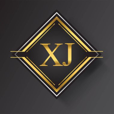 Kare şeklinde altın ve gümüş renkli geometrik süslemeli XJ Harf logosu. İş veya şirket kimliğiniz için vektör tasarımı şablonu ögeleri.