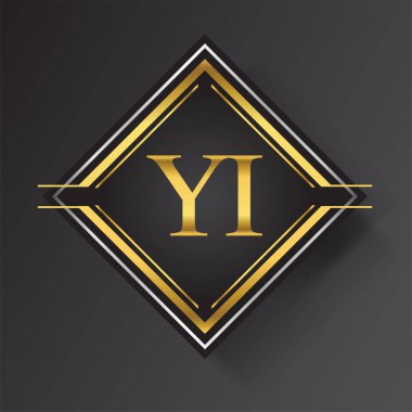 Kare şeklinde altın ve gümüş renkli geometrik süslemeli Yl Harfi logosu. İş veya şirket kimliğiniz için vektör tasarımı şablonu ögeleri.