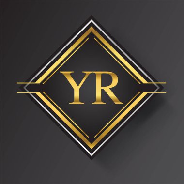 Kare şeklinde altın ve gümüş renkli geometrik süslemeli YR Letter logosu. İş veya şirket kimliğiniz için vektör tasarımı şablonu ögeleri.