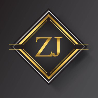 Kare şeklinde altın ve gümüş renkli geometrik süslemeli ZJ Harf logosu. İş veya şirket kimliğiniz için vektör tasarımı şablonu ögeleri.