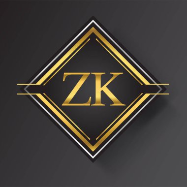 Kare şeklinde altın ve gümüş renkli geometrik süslemeli ZK Harf logosu. İş veya şirket kimliğiniz için vektör tasarımı şablonu ögeleri.