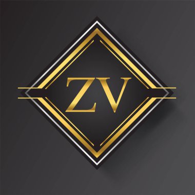 Kare şeklinde altın ve gümüş renkli geometrik süslemeli ZV Harf logosu. İş veya şirket kimliğiniz için vektör tasarımı şablonu ögeleri.