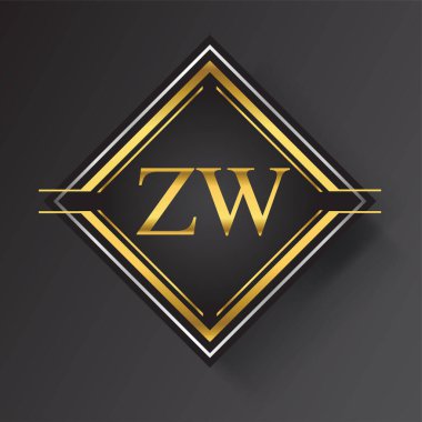 Kare şeklinde altın ve gümüş renkli geometrik süslemeli ZW Harf logosu. İş veya şirket kimliğiniz için vektör tasarımı şablonu ögeleri.